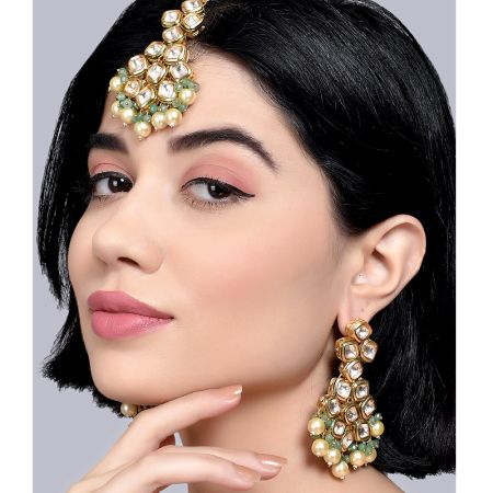 Handcrafted Ivory Pearl and Mint Stone Chandelier Earring Set with Maang Tikka